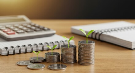 Growing Money: Coins with Plants Financial Growth Concept.