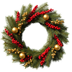 Festive christmas wreath with red berries and gold accents isolated on transparent background