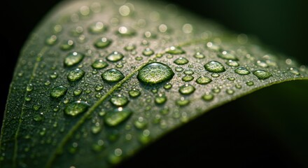 Close-up of Green Leaf with Water Droplets.