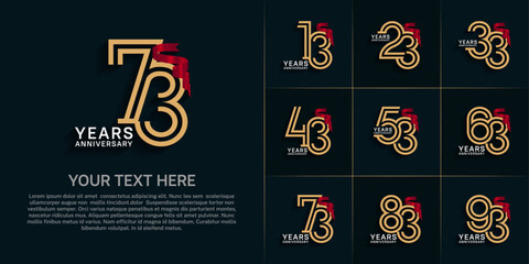 Anniversary logo style double line number set. golden color and red ribbon for celebration event