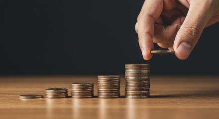 Hand Adding Coin to Stack Financial Growth Concept.