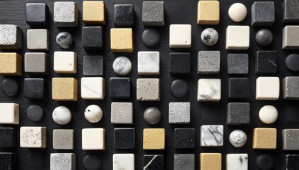 Ordered chaos A grid of square and circular elements of varying stone-like textures and colors are arranged on a black background, suggesting depth and subtle tonal changes
