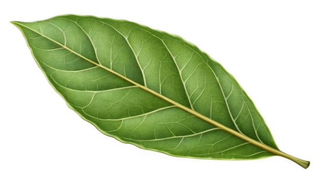 A single green leaf with detailed veins is isolated on transparent background, showcasing its natural beauty and botanical structure