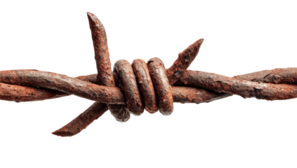 Close-up of rusted barbed wire.  A section of aged, rusty barbed wire with sharp points.  The metal shows signs of significant corrosion