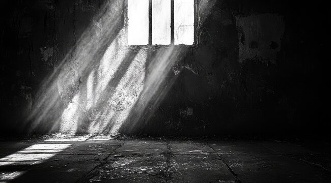 Dark room, sunbeams through barred window
