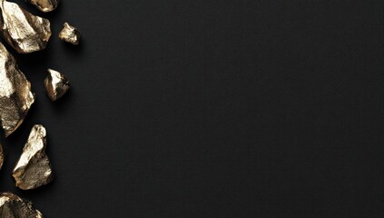 Gold chunks lie to the left on a solid black background, arranged along the margin, contrasting in color. Polished and textured surfaces glint, offering a sophisticated aesthetic with negative space