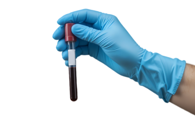 Hand in Blue Glove Holding Blood Sample Tube for Laboratory Analysis in Clinical Setting
