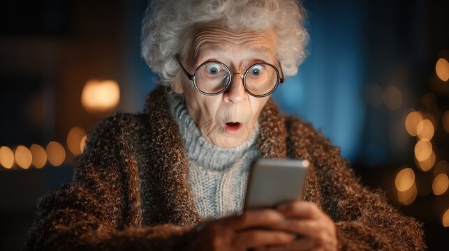 Grandma with glasses is shocked by her smartphone in festive lighting. Use this for senior technology or funny reaction concepts.