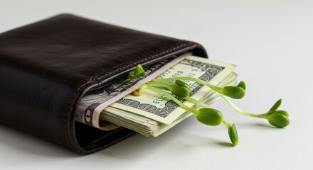 Money Growing: Wallet with Dollar Bills and Sprouts.