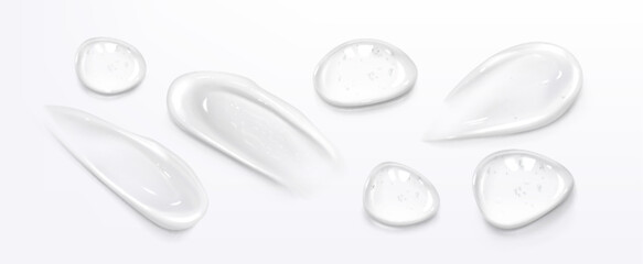 Clear gel smear set with various shapes - transparent cosmetic serum drops, glossy liquid patches, smooth texture samples for skincare product display, hyaluronic acid or medical ointment advertising.