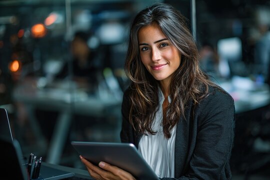 Young latin Hispanic professional business woman working on pad pc computer. Middle eastern businesswoman holding digital tablet using tab application sitting at desk workplace in office. Copy space