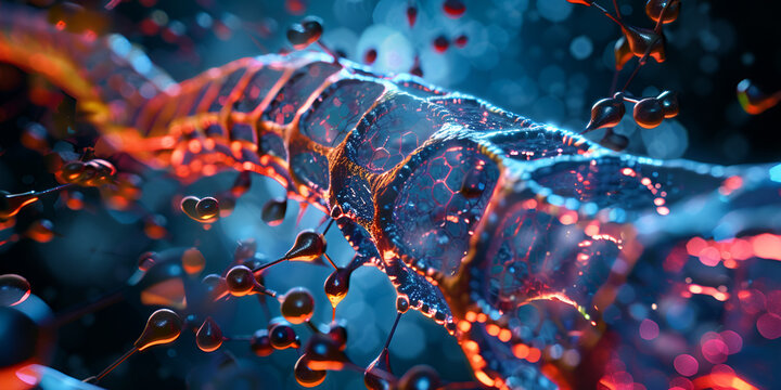 Abstract digital network with glowing lines and particles, Close-up of molecular structure with connected particles, High-tech visual of glowing network and data flow

