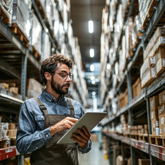 An industrious worker stands in a vast warehouse aisle, meticulously checking inventory on a digital tablet. The shelves are stacked high with boxes, reflecting a bustling supply chain environment.