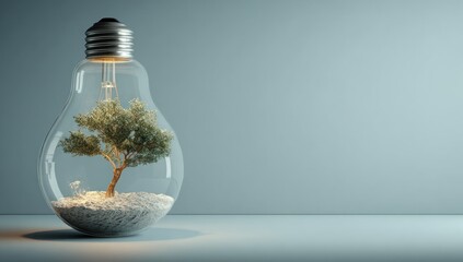 A tree grows inside a clear light bulb with sand at its base. The bulb rests on a surface against a muted blue background, softly lit from below. Symbolic of nature, growth, and sustainable energy