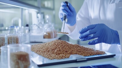 Professional livestock nutritionist examining feed quality before distribution close up shot of grain supplement digital health assessment setting well lit lab modern tool High fidelity 8K resolution