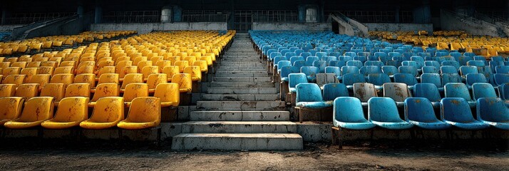 Abandoned stadium seating arranged in yellow and blue colors with worn steps in the foreground