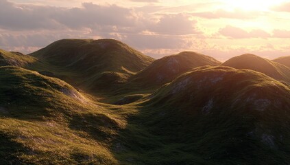 Grassy hills bathed in warm sunlight, creating a tranquil scene with rolling landscape under a cloudy sky. Hues of green, gold, and grey evoke serenity and nature's beauty