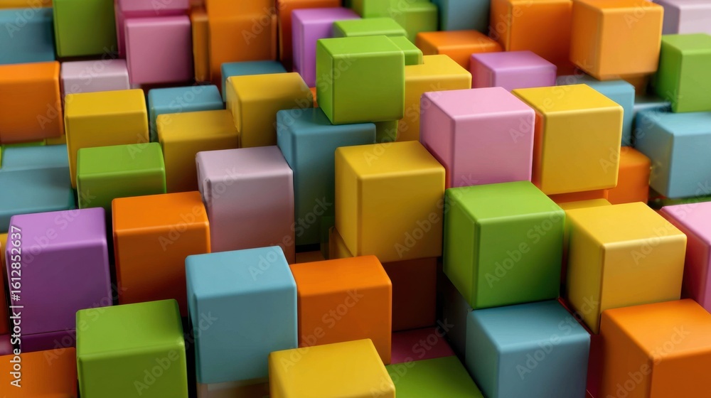 Poster brightly colored building blocks in various shapes and sizes are scattered across a flat surface. th
