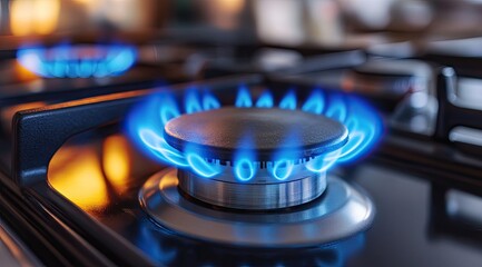 Close-up gas stove burner with blue flames