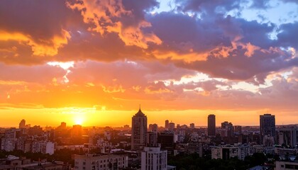 Fototapeta premium Vibrant sunset over a cityscape, fiery oranges and purples paint the clouds above a skyline of buildings