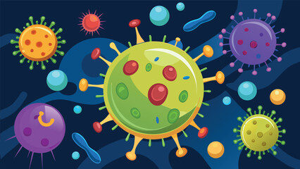 Colorful illustration of various cartoon-style virus and bacteria cells on a dark background