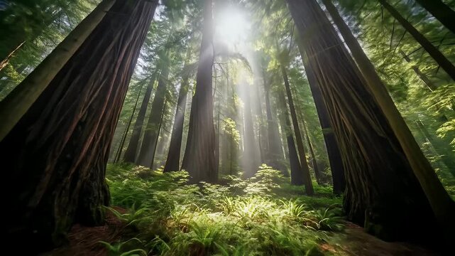 Sunlight filtering through tall trees creates a lush forest scene