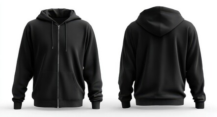 Zip Hoodie. Front and Back View of Black Hooded Sweatshirt for Design Mockup