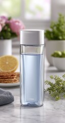 Clean water in a clear bottle sits on marble, offset by lemon slices and flowers. Soft lighting and shallow depth of field create a serene, natural still life