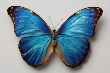 Blue Morpho butterfly Morpho godarti perched gracefully, showcasing vivid blue wings and intricate patterns in natural sunlight