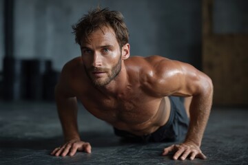 Obraz premium Handsome man performs push ups in a modern gym setting, showcasing strength and determination during an intense workout session
