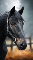 Naklejka premium Close-up of a black horse in a serene pasture during a misty morning surrounded by a rustic fence
