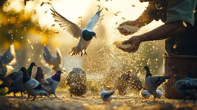 Slow motion capture of farmer scattering grain feed pigeon duck peaceful rural setting vibrant bird flapping their wing grain fall scene bathed warm natural light capturing calm interaction between