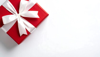 Red gift box with white ribbon on white background