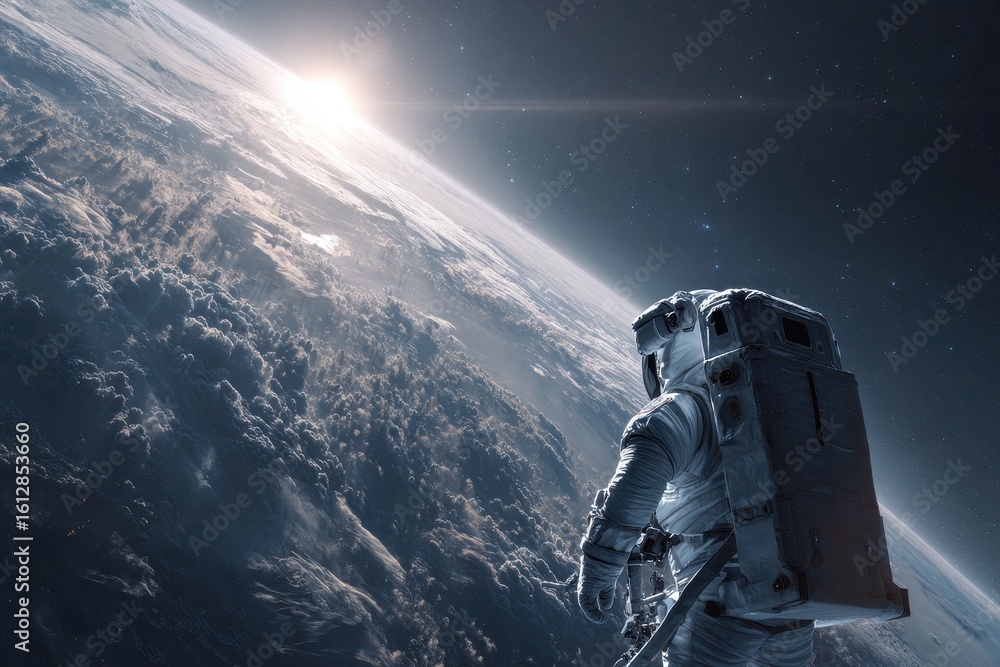 Poster exploration of the unknown as a spaceman gazes at a distant planet while floating in the vastness of