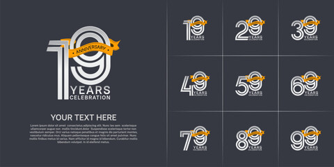 Anniversary logo style double line number set. white color with yellow ribbon for celebration event