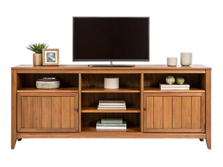 Wooden tv stand with shelves and cabinets isolated on transparent background