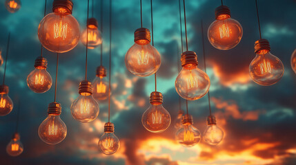 Glowing lightbulbs hanging against a sunset sky many ideas bright future
