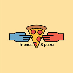 Slice of pizza shared between two hands with text food