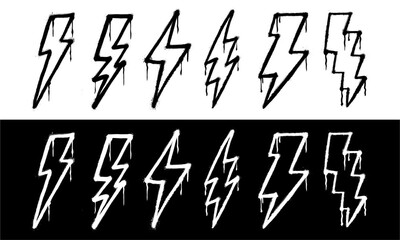 Bundle collection spray-painted graffiti lightning, lightning bolt in black over white. Drops of sprayed thunderbolt symbol. Isolated on white and black background. Vector illustration