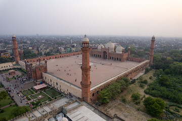 Magnificent aerial view of Badshahi Mosque, Lahore, Pakistan. A stunning example of Mughal...