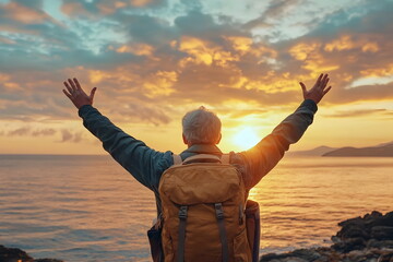 Joyful Traveler Sunset Ocean Embracing Nature Adventure Freedom Inspiration Journey