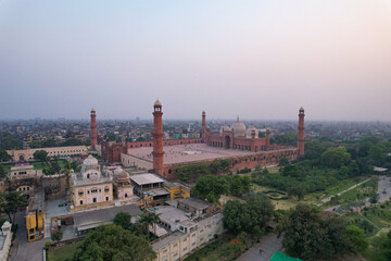 Wide aerial view of Badshahi Mosque, Lahore, Pakistan. A stunning example of Mughal architecture.