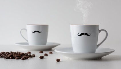 Steaming coffee in mustache-decorated mugs, paired with coffee beans on a clean, bright white surface, suggesting a warm, humorous, or hipster aesthetic