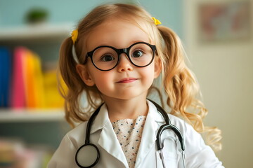 Adorable Child Doctor Playing Role Healthcare Imagination Stethoscope Glasses Joyful