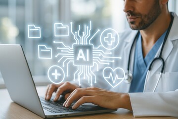 Doctor uses AI in medical field: A male doctor, in uniform, works with a laptop displaying AI technology and medical elements, symbolizing innovation in healthcare.