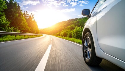 Fototapeta premium White car driving on a scenic highway at sunset