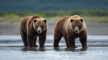 Fototapeta premium Alaskan Bears. Majestic Wild Grizzly Bears on Lake Brooks Beach in Katmai