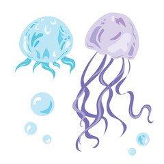 Blue and purple jellyfish illustration set bundle colorful drawing isolated on square white background.