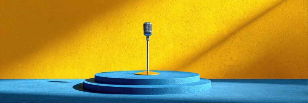 Bright stage setup with a vintage microphone on a circular platform under vivid yellow and blue lighting - Powered by Adobe