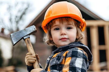 Child Builder Helmet Axe Construction Safety Playful Learning Skills